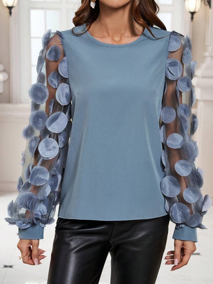 CM-TS987836 Women Elegant Seoul Style Mesh Patchwork Long Sleeve Shirt - Gray
