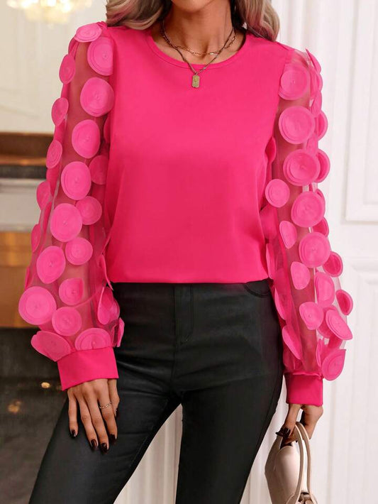 CM-TS217922 Women Elegant Seoul Style Mesh Patchwork Long Sleeve Shirt - Hot Pink