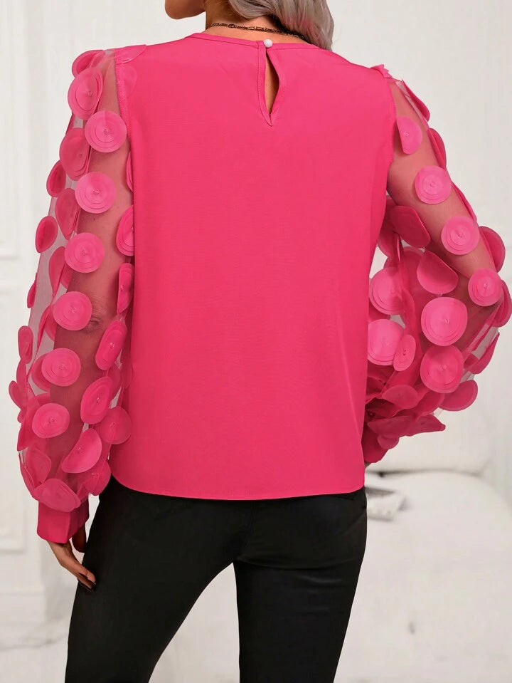 CM-TS217922 Women Elegant Seoul Style Mesh Patchwork Long Sleeve Shirt - Hot Pink