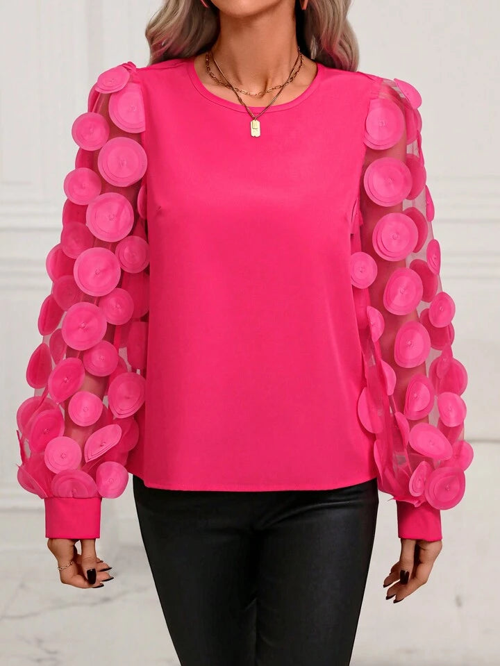 CM-TS217922 Women Elegant Seoul Style Mesh Patchwork Long Sleeve Shirt - Hot Pink