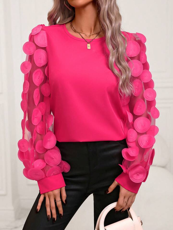 CM-TS217922 Women Elegant Seoul Style Mesh Patchwork Long Sleeve Shirt - Hot Pink