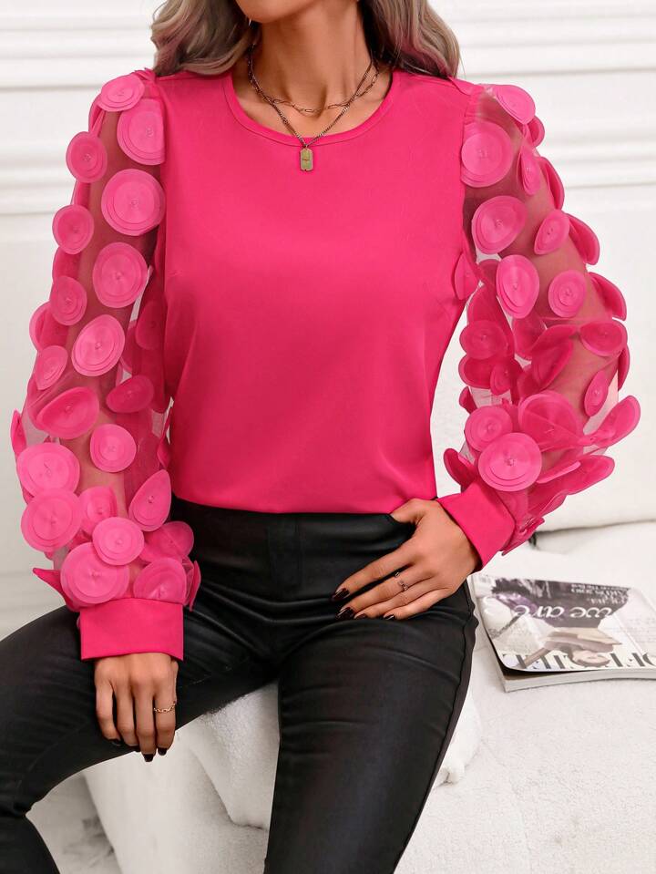 CM-TS217922 Women Elegant Seoul Style Mesh Patchwork Long Sleeve Shirt - Hot Pink