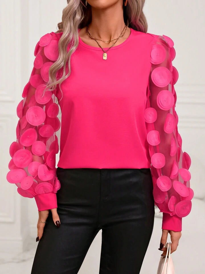 CM-TS217922 Women Elegant Seoul Style Mesh Patchwork Long Sleeve Shirt - Hot Pink
