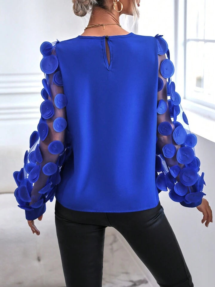 CM-TS471091 Women Elegant Seoul Style Mesh Patchwork Long Sleeve Shirt - Royal Blue