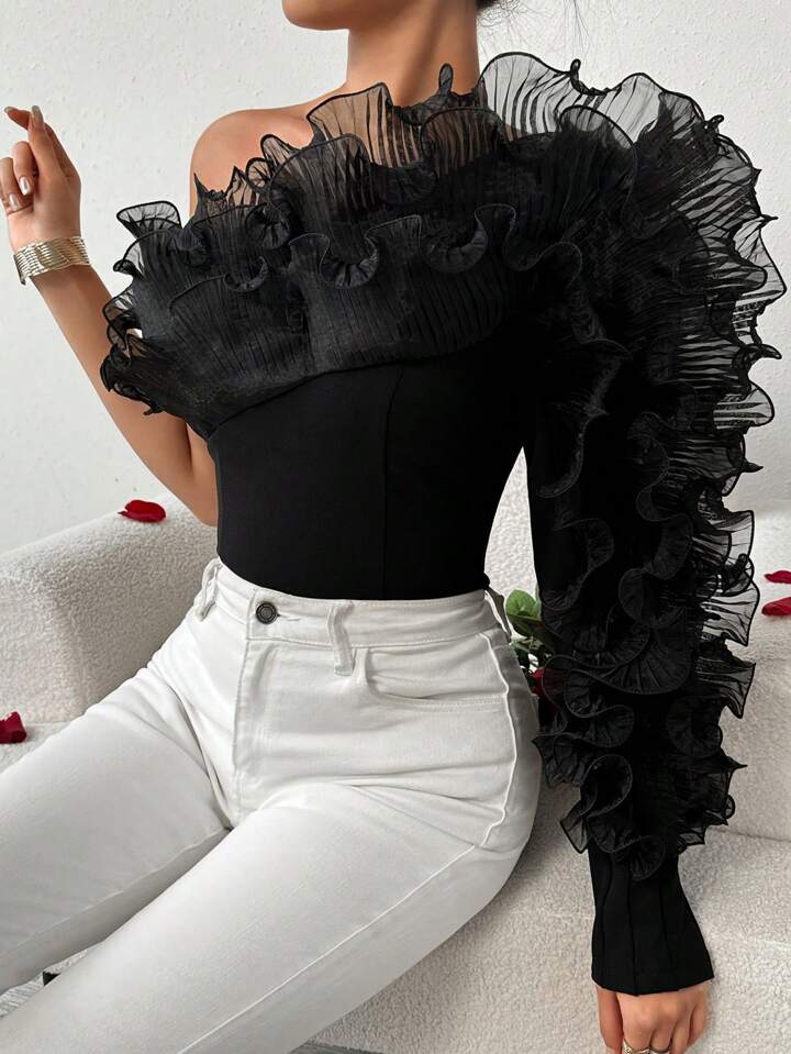 CM-TS825822 Women Elegant Seoul Style One Shoulder Multi-Layer Ruffles And Frill Decor Top