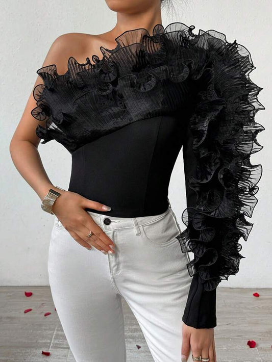 CM-TS825822 Women Elegant Seoul Style One Shoulder Multi-Layer Ruffles And Frill Decor Top
