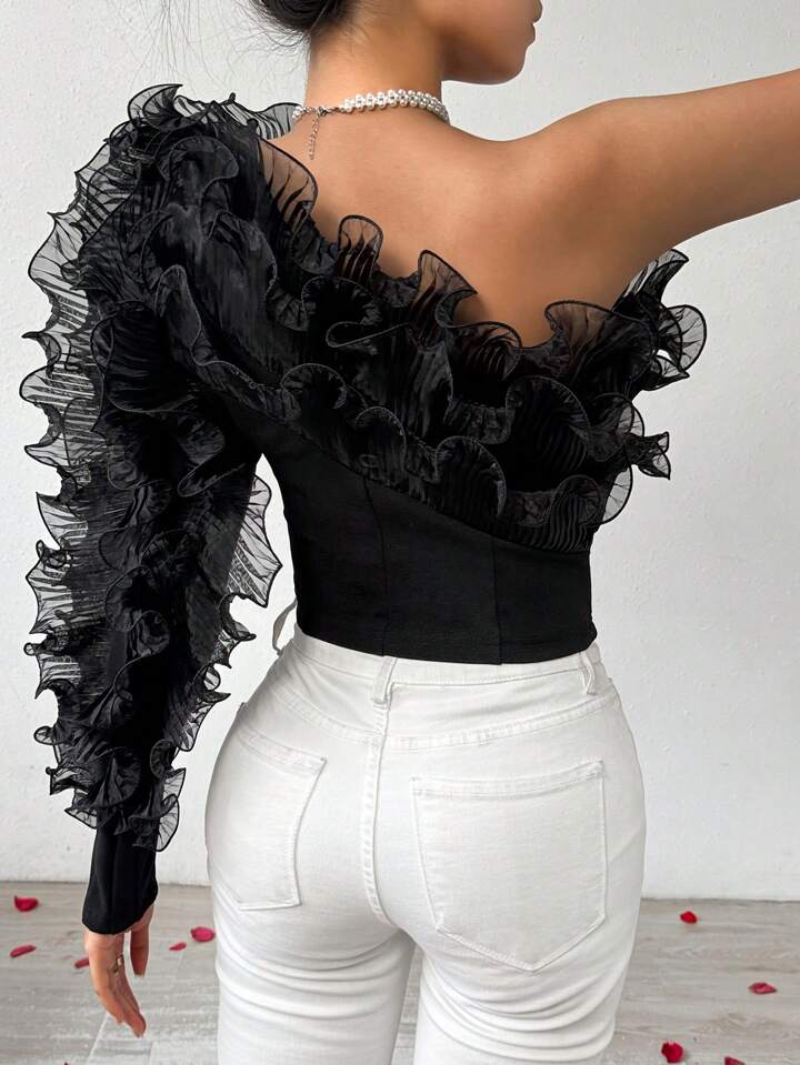 CM-TS825822 Women Elegant Seoul Style One Shoulder Multi-Layer Ruffles And Frill Decor Top