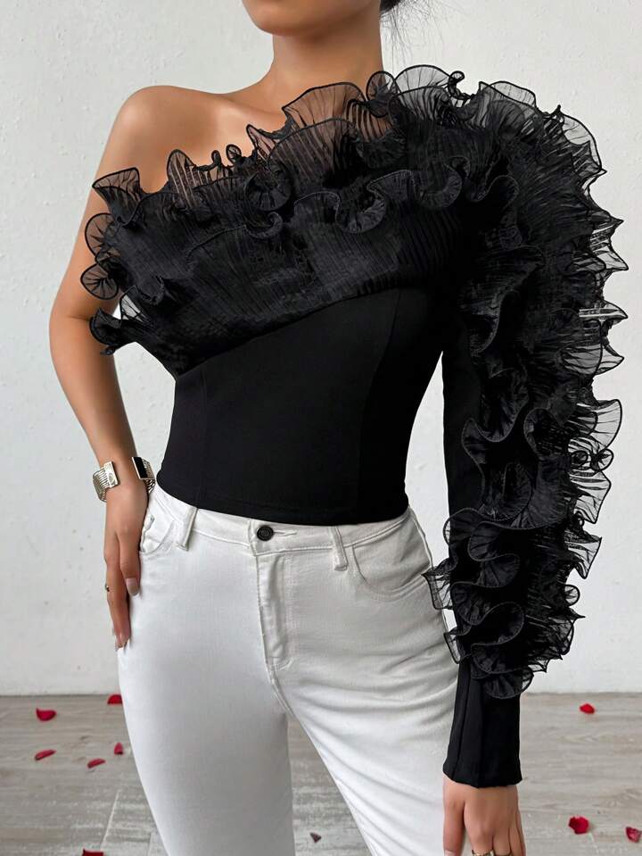 CM-TS825822 Women Elegant Seoul Style One Shoulder Multi-Layer Ruffles And Frill Decor Top