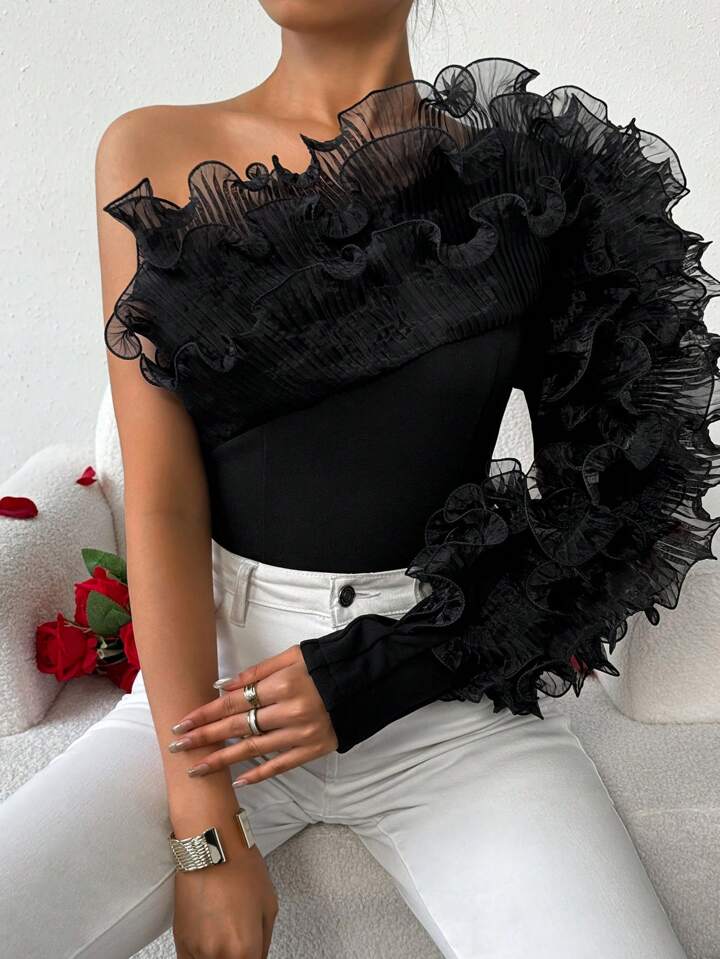CM-TS825822 Women Elegant Seoul Style One Shoulder Multi-Layer Ruffles And Frill Decor Top