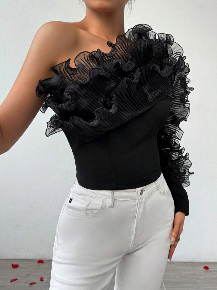 CM-TS825822 Women Elegant Seoul Style One Shoulder Multi-Layer Ruffles And Frill Decor Top