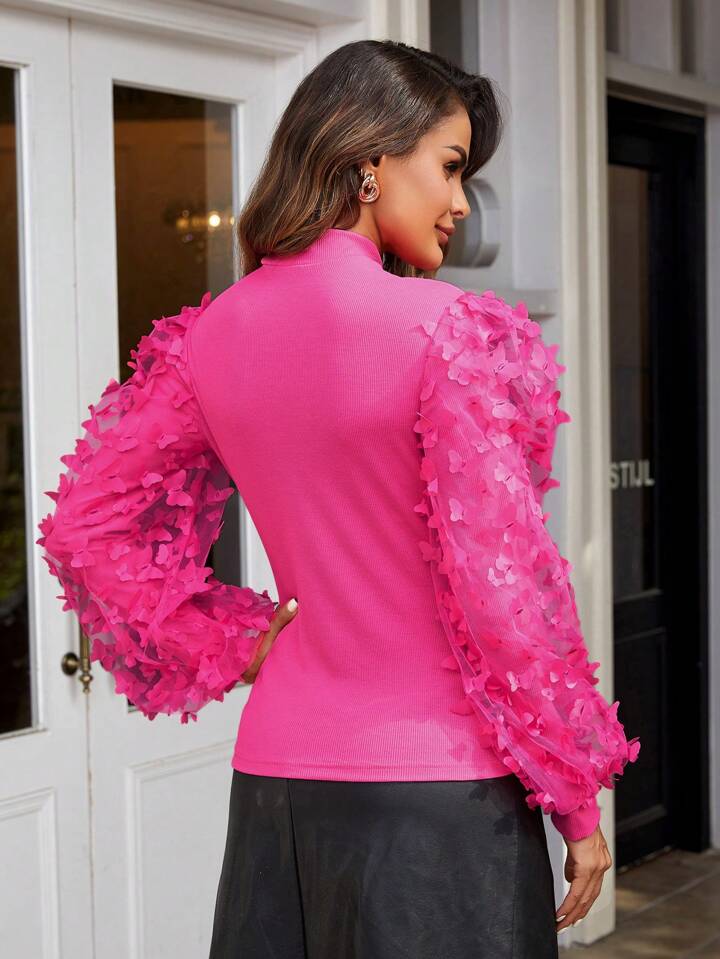 CM-TS478251 Women Elegant Seoul Style Butterfly Decorated Stand Collar Top - Hot Pink