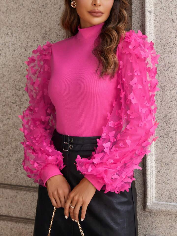 CM-TS478251 Women Elegant Seoul Style Butterfly Decorated Stand Collar Top - Hot Pink