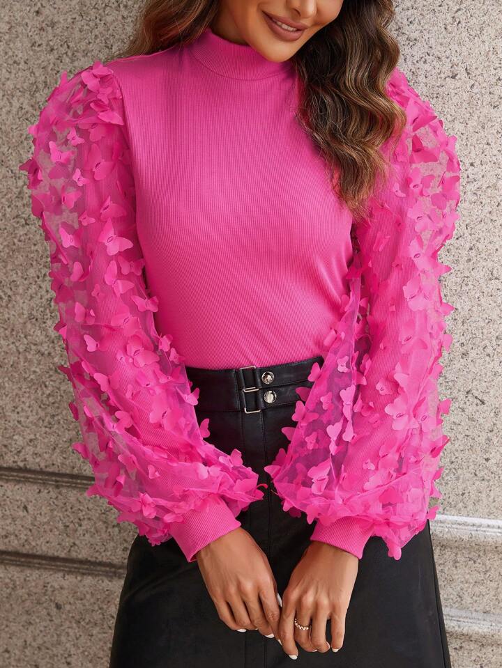 CM-TS478251 Women Elegant Seoul Style Butterfly Decorated Stand Collar Top - Hot Pink