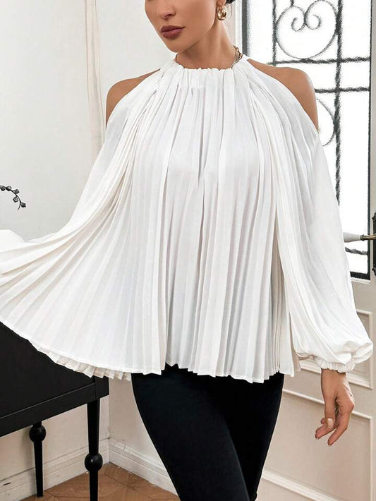 CM-TS655635 Women Casual Seoul Style Cold Shoulder Pleated Shirt With Back Tie - White