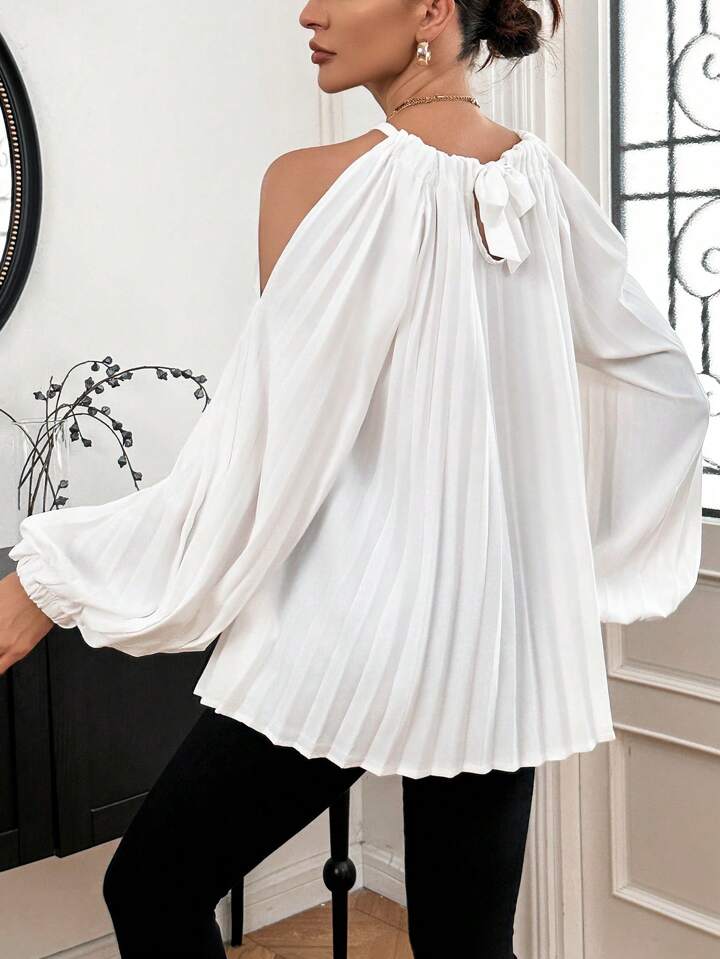 CM-TS655635 Women Casual Seoul Style Cold Shoulder Pleated Shirt With Back Tie - White