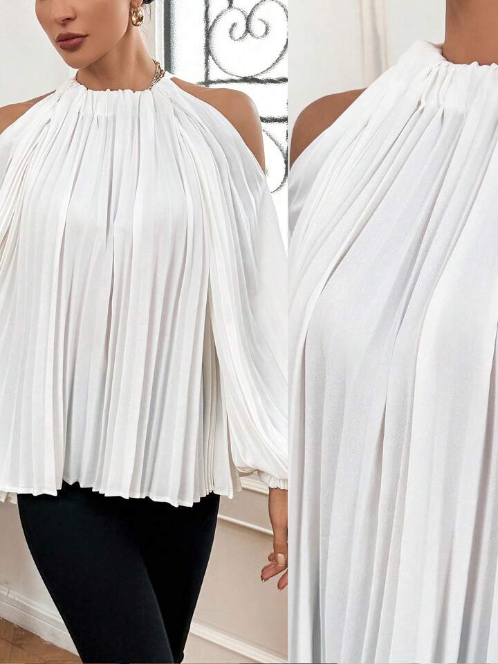 CM-TS655635 Women Casual Seoul Style Cold Shoulder Pleated Shirt With Back Tie - White