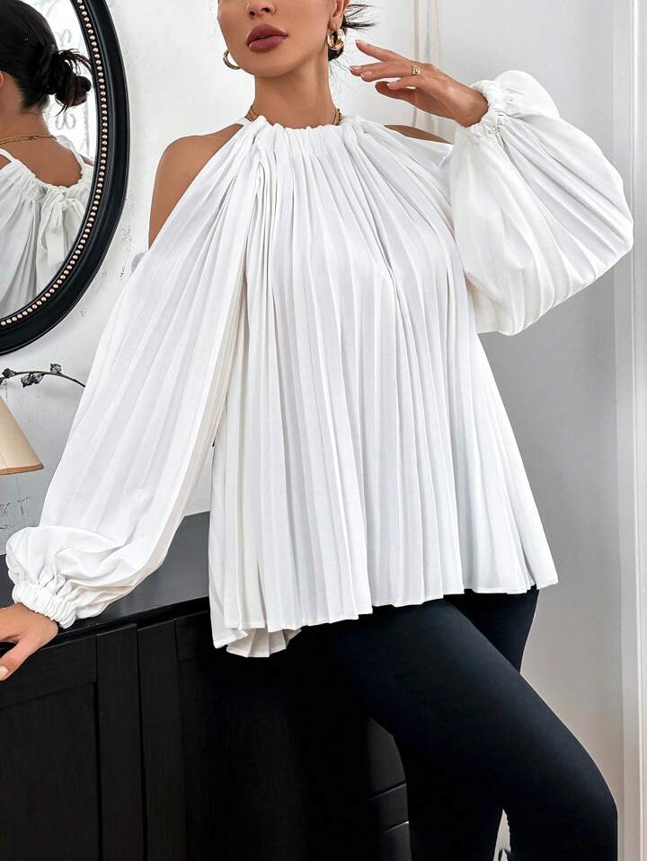 CM-TS655635 Women Casual Seoul Style Cold Shoulder Pleated Shirt With Back Tie - White