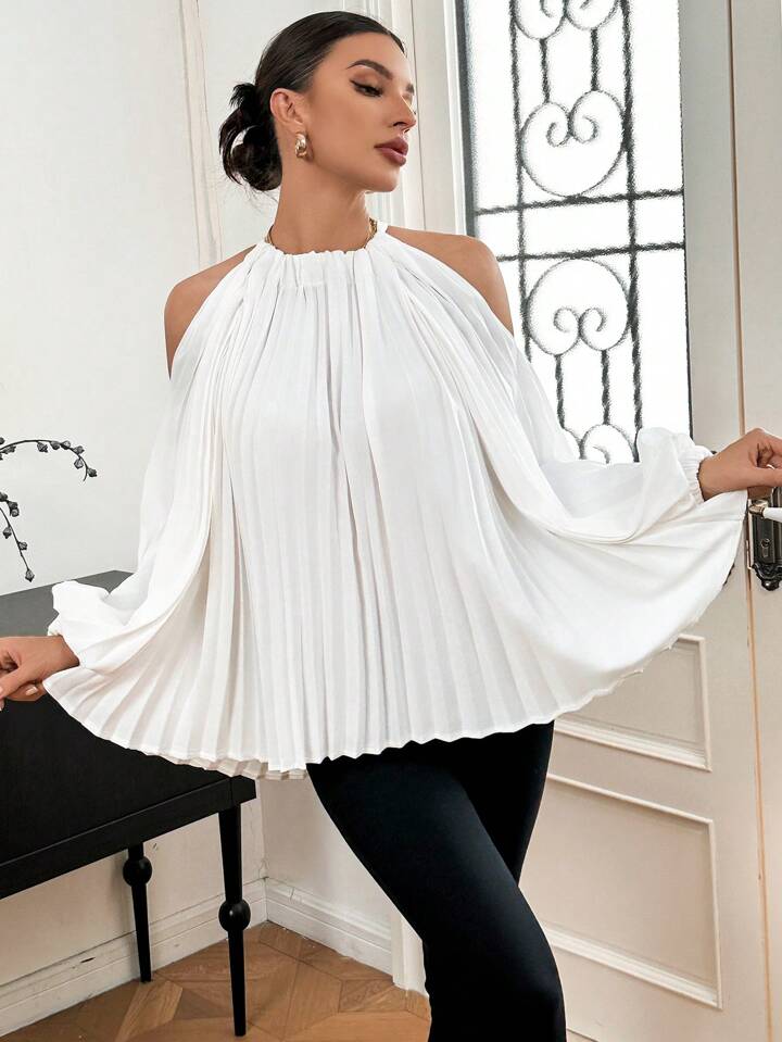 CM-TS655635 Women Casual Seoul Style Cold Shoulder Pleated Shirt With Back Tie - White