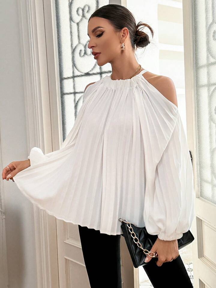 CM-TS655635 Women Casual Seoul Style Cold Shoulder Pleated Shirt With Back Tie - White