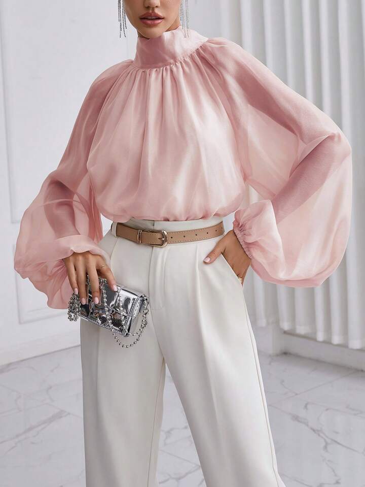 CM-TS972656 Women Elegant Seoul Style High Neck Lantern Sleeve Shirt - Dusty Pink