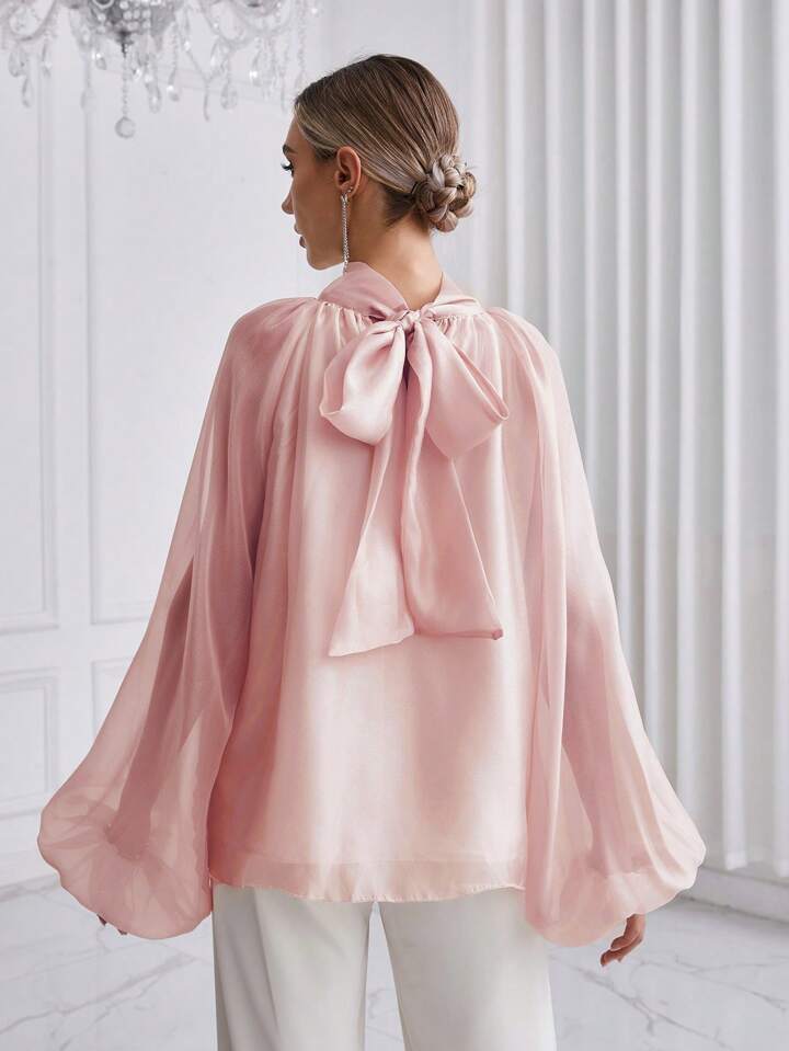 CM-TS972656 Women Elegant Seoul Style High Neck Lantern Sleeve Shirt - Dusty Pink