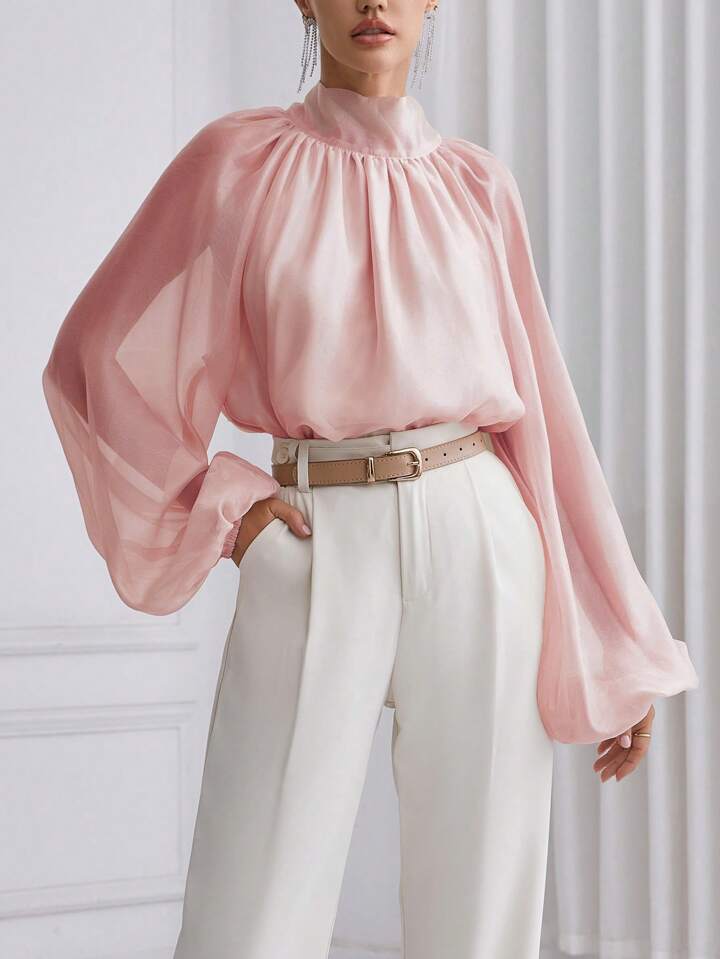 CM-TS972656 Women Elegant Seoul Style High Neck Lantern Sleeve Shirt - Dusty Pink