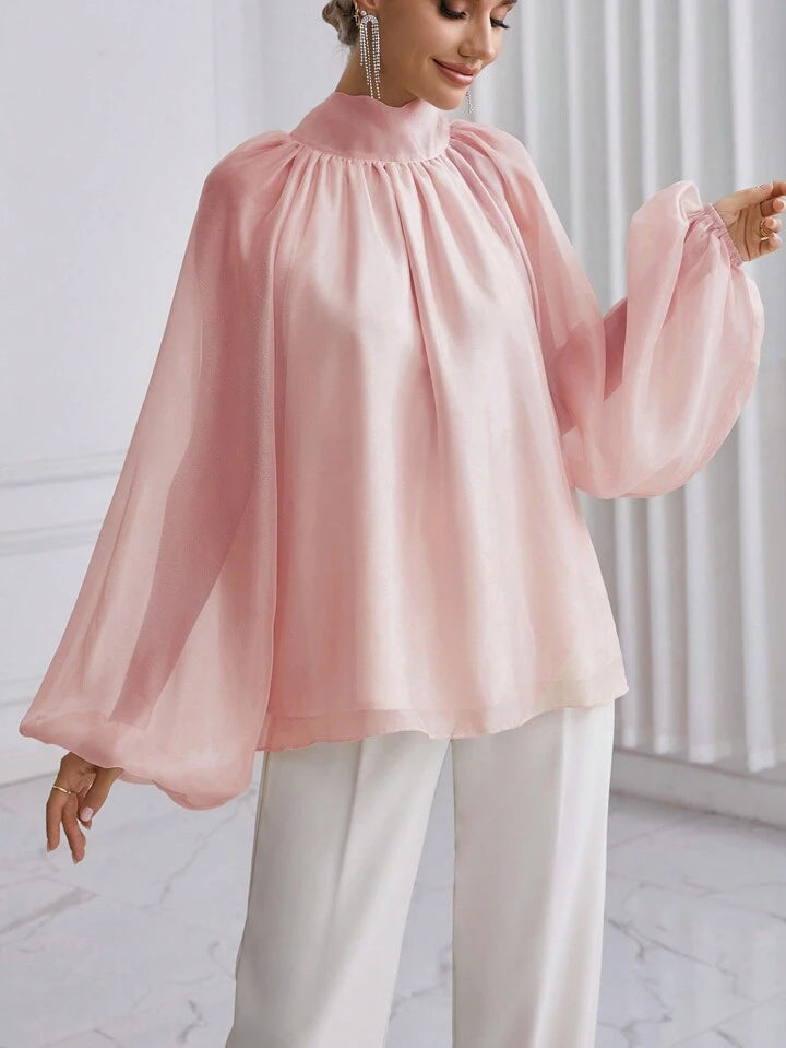 CM-TS972656 Women Elegant Seoul Style High Neck Lantern Sleeve Shirt - Dusty Pink