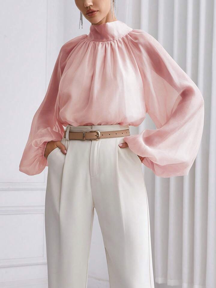 CM-TS972656 Women Elegant Seoul Style High Neck Lantern Sleeve Shirt - Dusty Pink