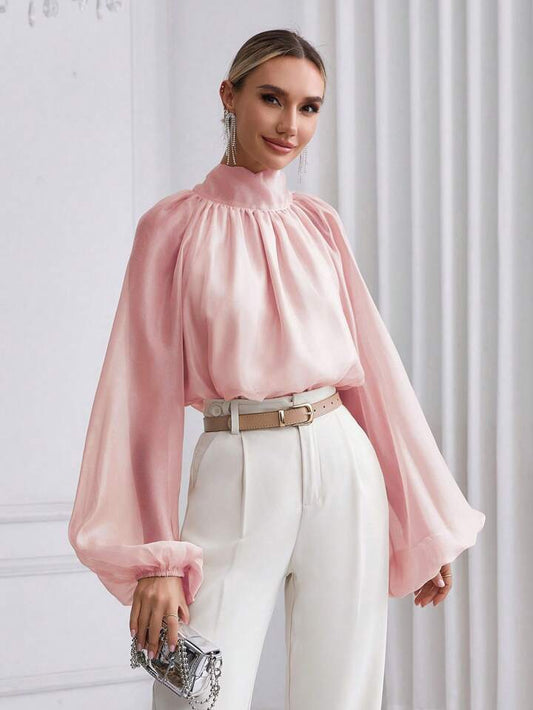 CM-TS972656 Women Elegant Seoul Style High Neck Lantern Sleeve Shirt - Dusty Pink