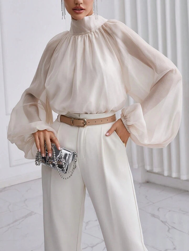 CM-TS933063 Women Elegant Seoul Style High Neck Lantern Sleeve Shirt - Apricot