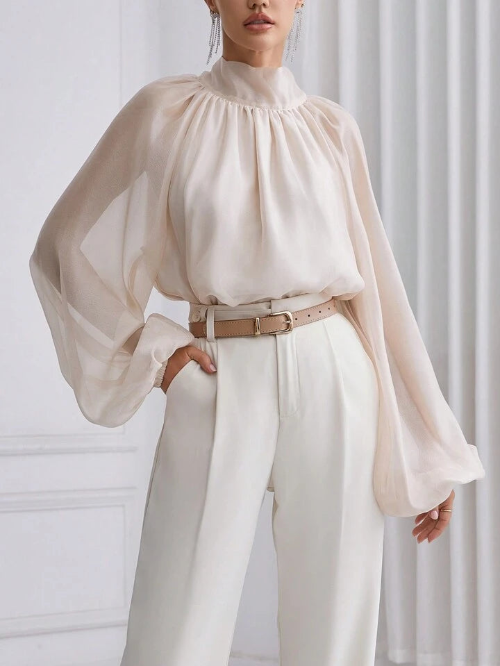 CM-TS933063 Women Elegant Seoul Style High Neck Lantern Sleeve Shirt - Apricot