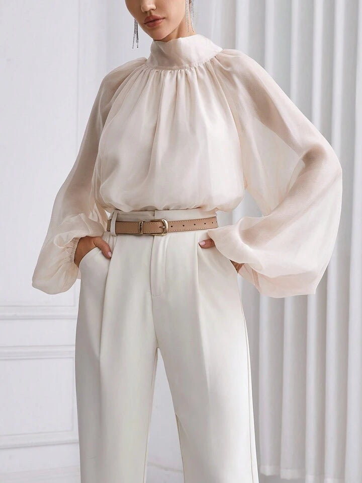 CM-TS933063 Women Elegant Seoul Style High Neck Lantern Sleeve Shirt - Apricot