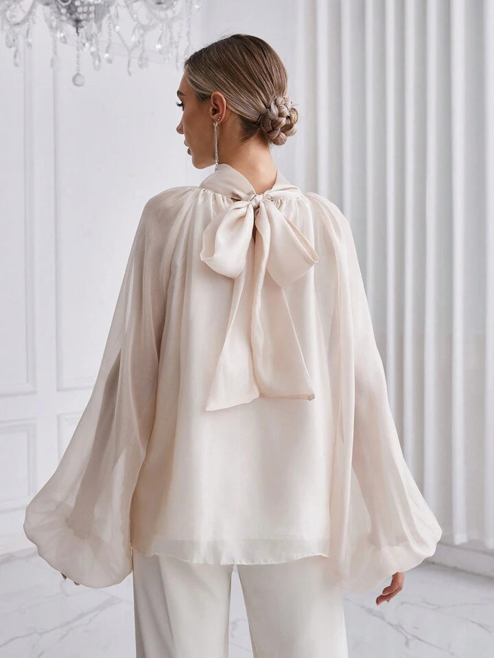 CM-TS933063 Women Elegant Seoul Style High Neck Lantern Sleeve Shirt - Apricot