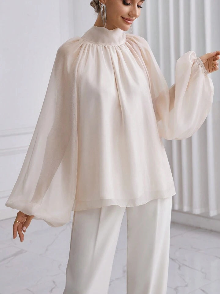 CM-TS933063 Women Elegant Seoul Style High Neck Lantern Sleeve Shirt - Apricot