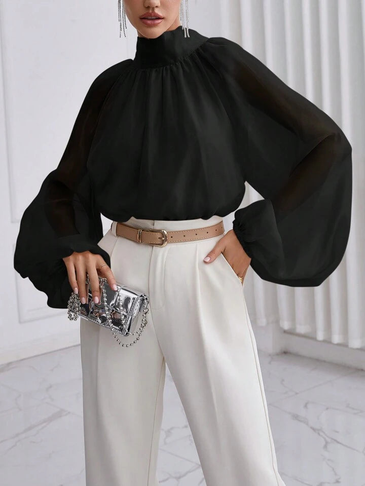CM-TS911776 Women Elegant Seoul Style High Neck Lantern Sleeve Shirt - Black