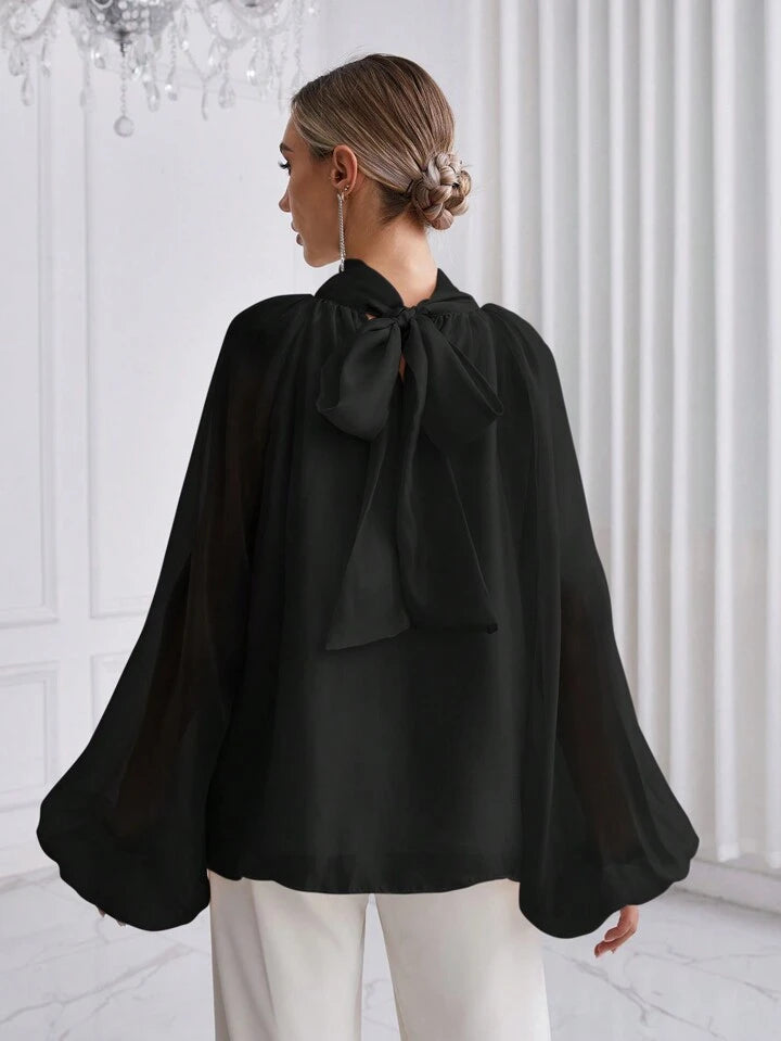 CM-TS911776 Women Elegant Seoul Style High Neck Lantern Sleeve Shirt - Black