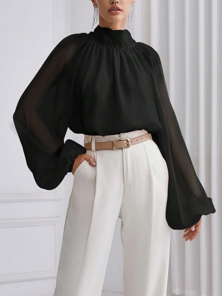 CM-TS911776 Women Elegant Seoul Style High Neck Lantern Sleeve Shirt - Black