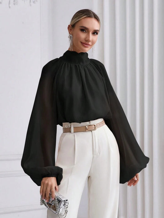 CM-TS911776 Women Elegant Seoul Style High Neck Lantern Sleeve Shirt - Black