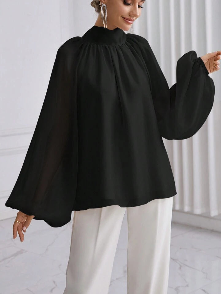 CM-TS911776 Women Elegant Seoul Style High Neck Lantern Sleeve Shirt - Black
