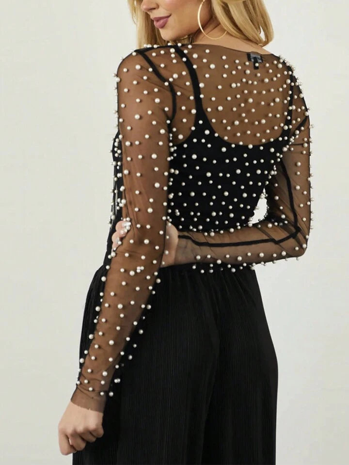 CM-TS144548 Women Elegant Seoul Style Pearls Beaded Mesh Sheer Cover Up Top - Black