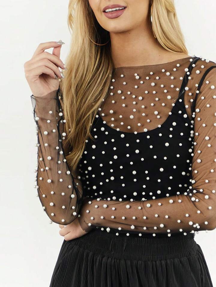 CM-TS144548 Women Elegant Seoul Style Pearls Beaded Mesh Sheer Cover Up Top - Black