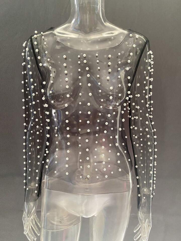 CM-TS144548 Women Elegant Seoul Style Pearls Beaded Mesh Sheer Cover Up Top - Black