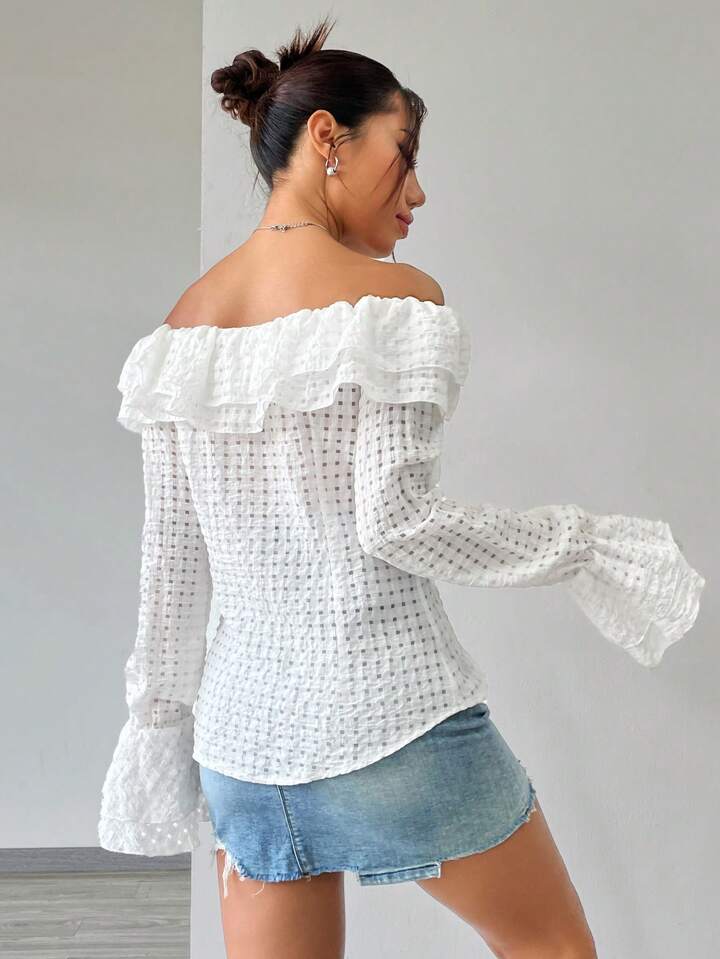 CM-TS957590 Women Casual Seoul Style Off-Shoulder Ruffle Hem Bell Sleeve Shirt - White