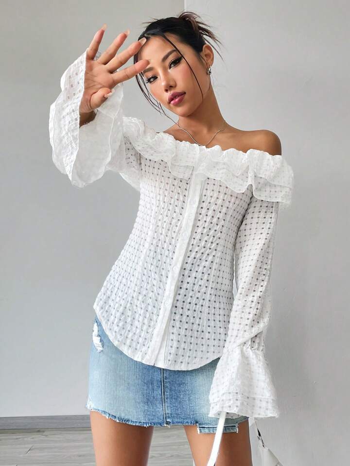 CM-TS957590 Women Casual Seoul Style Off-Shoulder Ruffle Hem Bell Sleeve Shirt - White