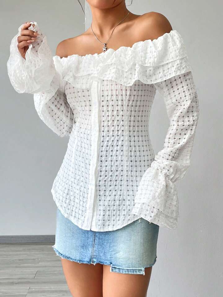 CM-TS957590 Women Casual Seoul Style Off-Shoulder Ruffle Hem Bell Sleeve Shirt - White