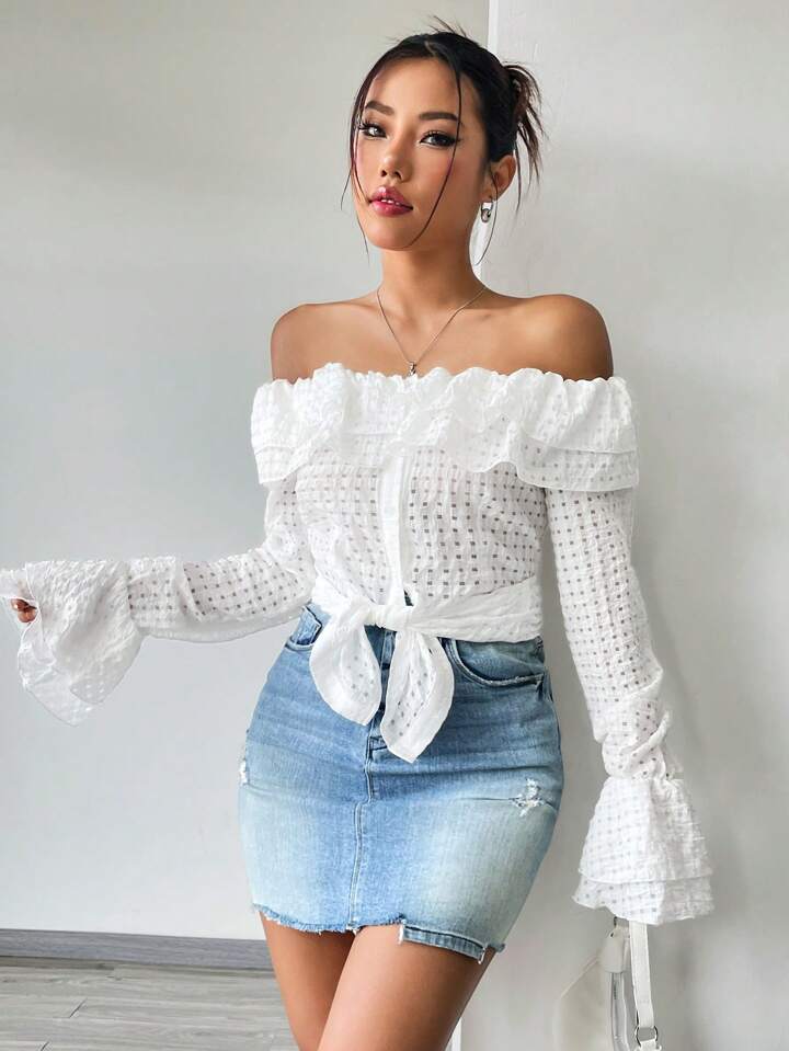 CM-TS957590 Women Casual Seoul Style Off-Shoulder Ruffle Hem Bell Sleeve Shirt - White