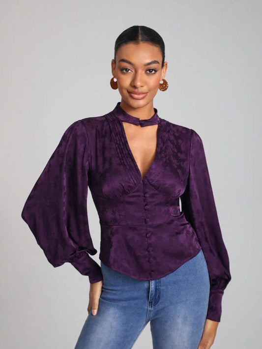 CM-TS732173 Women Elegant Seoul Style Floral Jacquard Choker Neck Lantern Sleeve Blouse