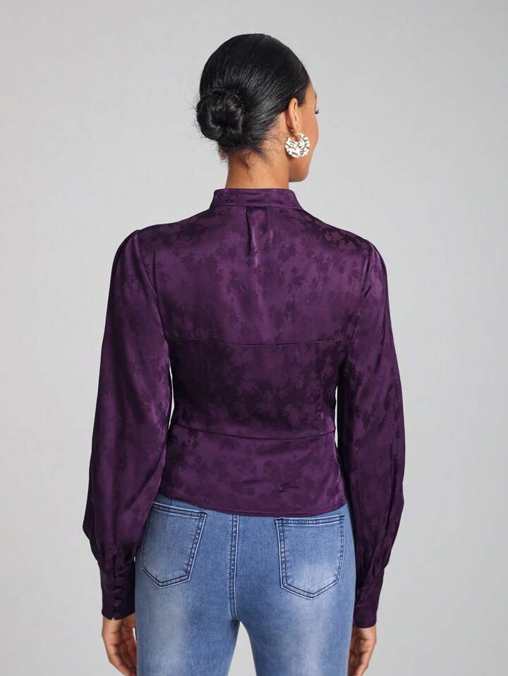 CM-TS732173 Women Elegant Seoul Style Floral Jacquard Choker Neck Lantern Sleeve Blouse