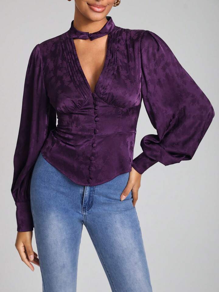 CM-TS732173 Women Elegant Seoul Style Floral Jacquard Choker Neck Lantern Sleeve Blouse