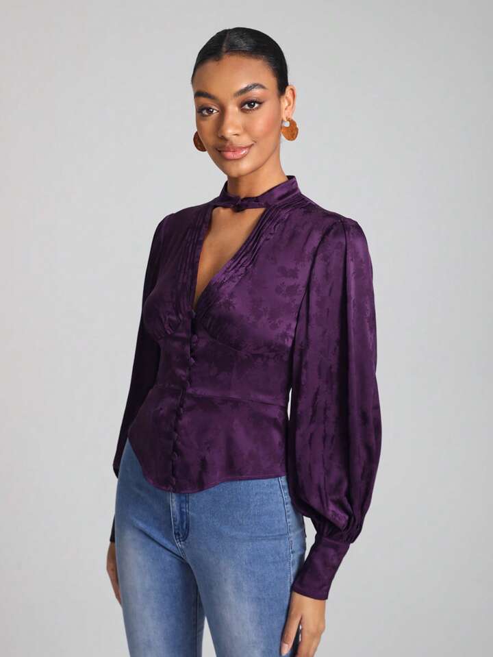 CM-TS732173 Women Elegant Seoul Style Floral Jacquard Choker Neck Lantern Sleeve Blouse